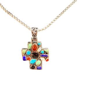 925 Sterling Silver Multi Stone Cross Pendant Thailand Boho Artisan